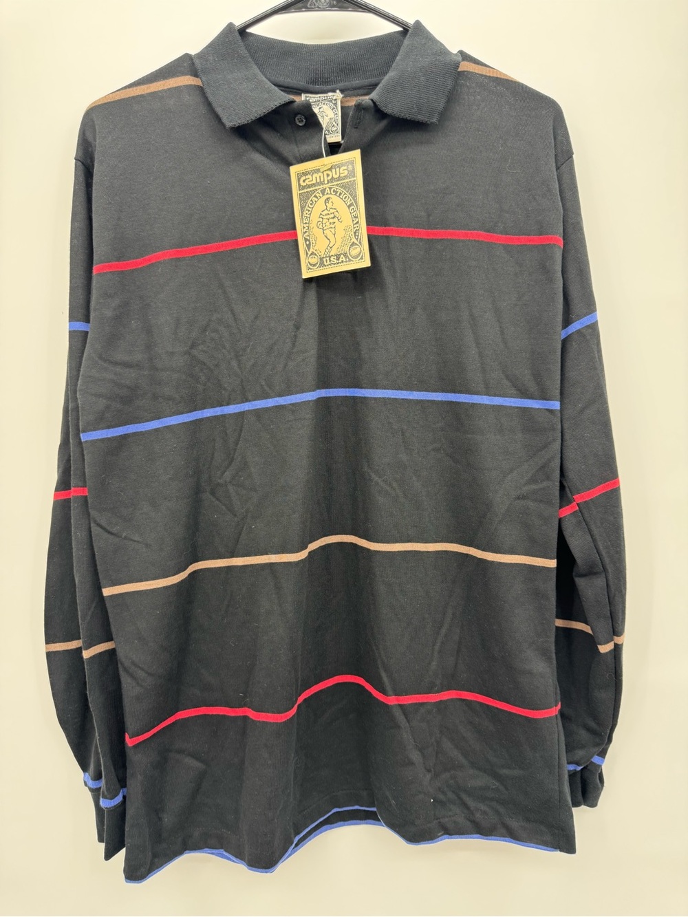 Campus American Action Gear Vintage Striped Long-Sleeve Polo Shirt Sz L